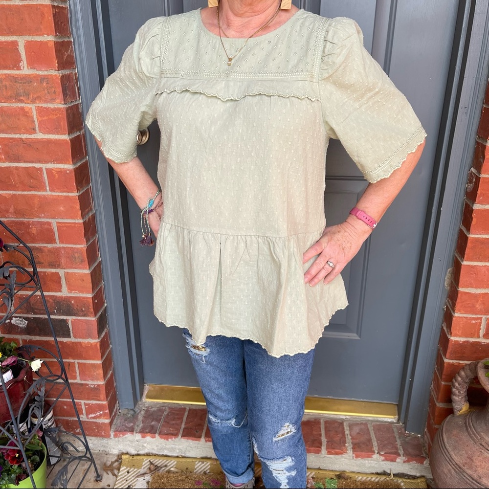 Sage Green Swiss Dotted Texture Cotton Scalloped Top Lurex Woven Detail S M L XL - Picture 3 of 14